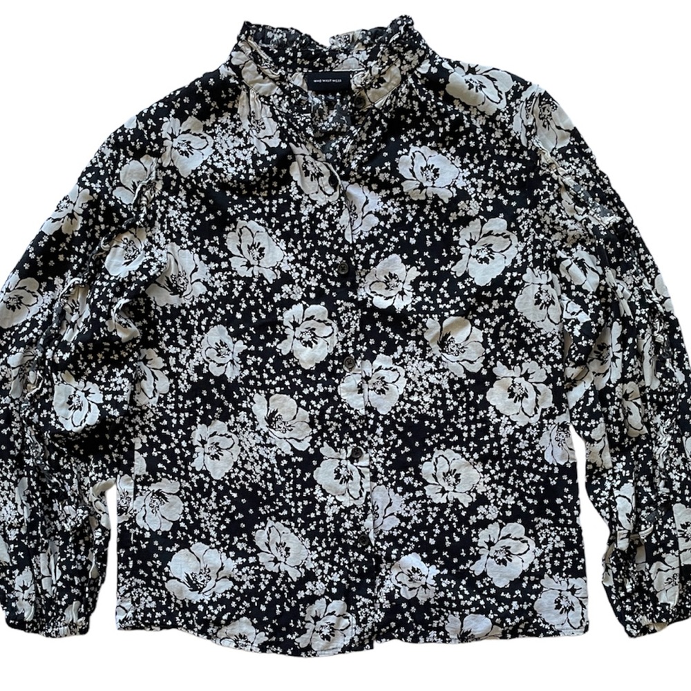 WHO WHAT WEAR Womens Small Blouse Shirt Floral Black White Long Sleeve Button Up